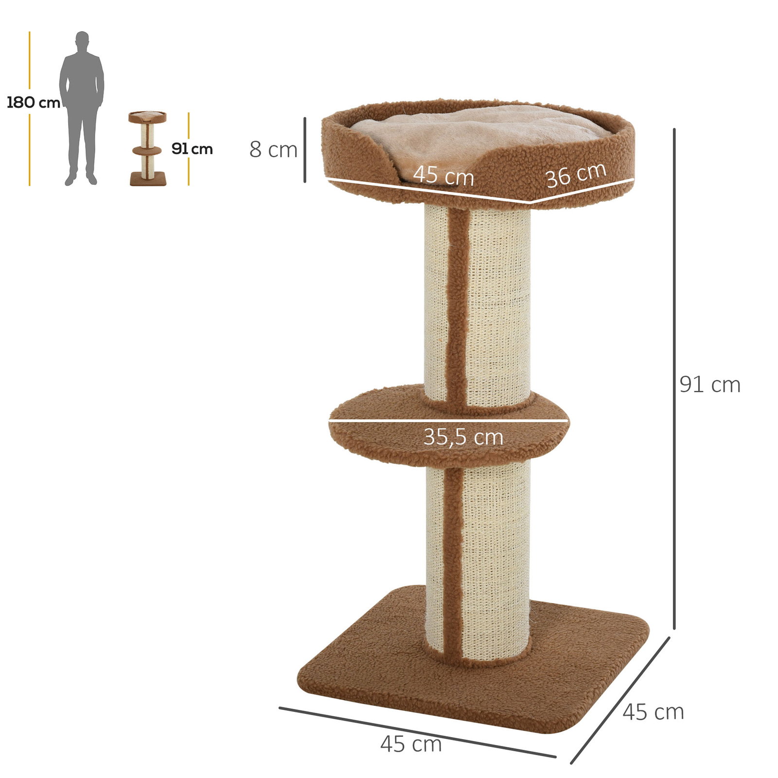Arranhador para gatos altura 91 cm de 3 níveis com ninho plataforma e poste de sisal 45x45x91 cm marrom claro