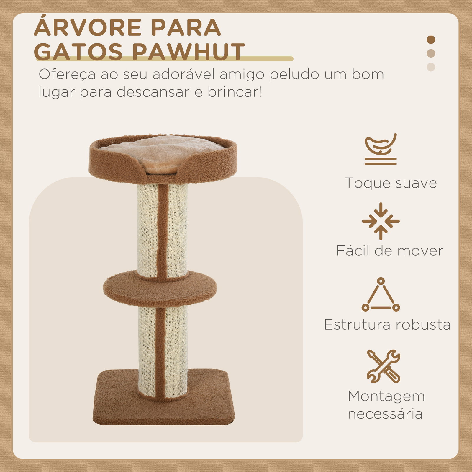 Arranhador para gatos altura 91 cm de 3 níveis com ninho plataforma e poste de sisal 45x45x91 cm marrom claro