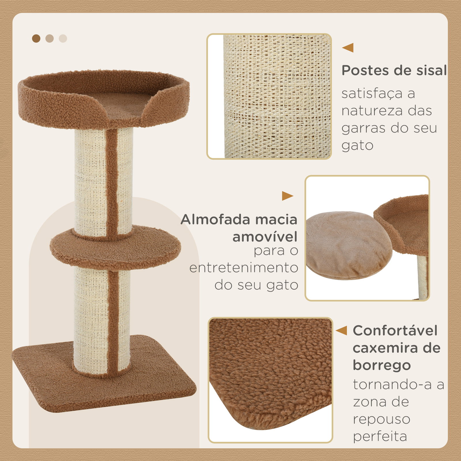 Arranhador para gatos altura 91 cm de 3 níveis com ninho plataforma e poste de sisal 45x45x91 cm marrom claro