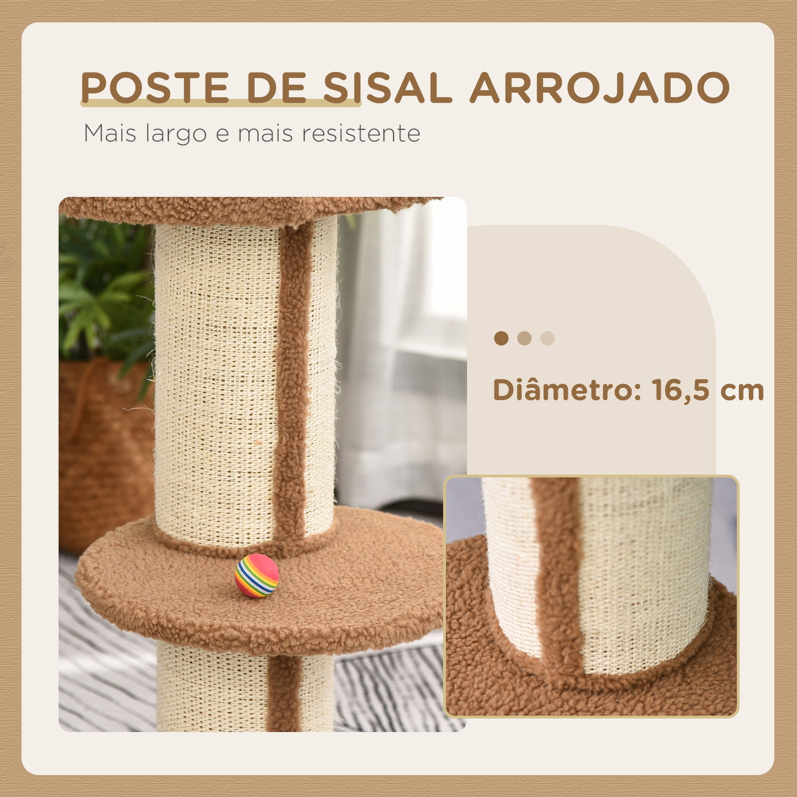Arranhador para gatos altura 91 cm de 3 níveis com ninho plataforma e poste de sisal 45x45x91 cm marrom claro