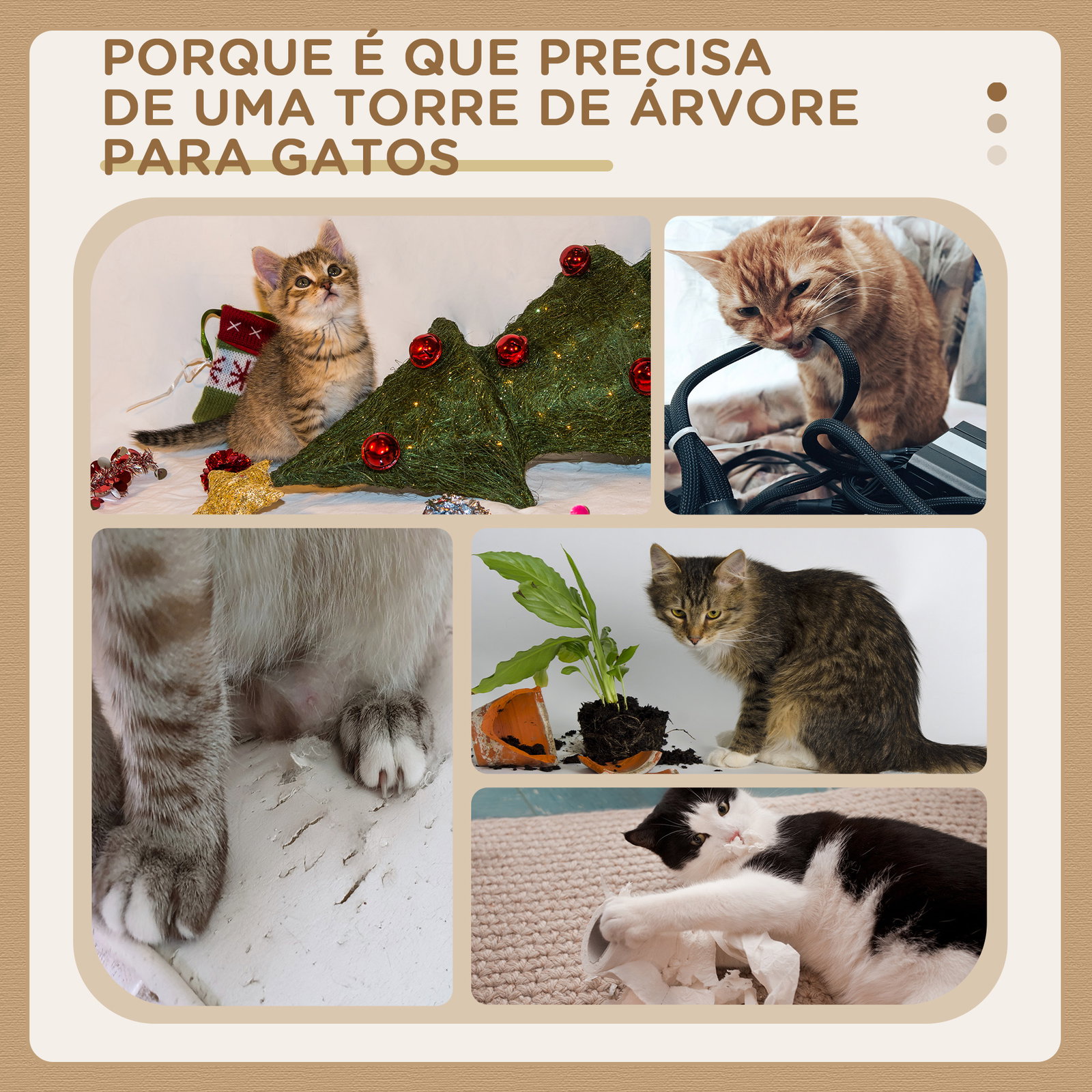 Arranhador para gatos altura 91 cm de 3 níveis com ninho plataforma e poste de sisal 45x45x91 cm marrom claro