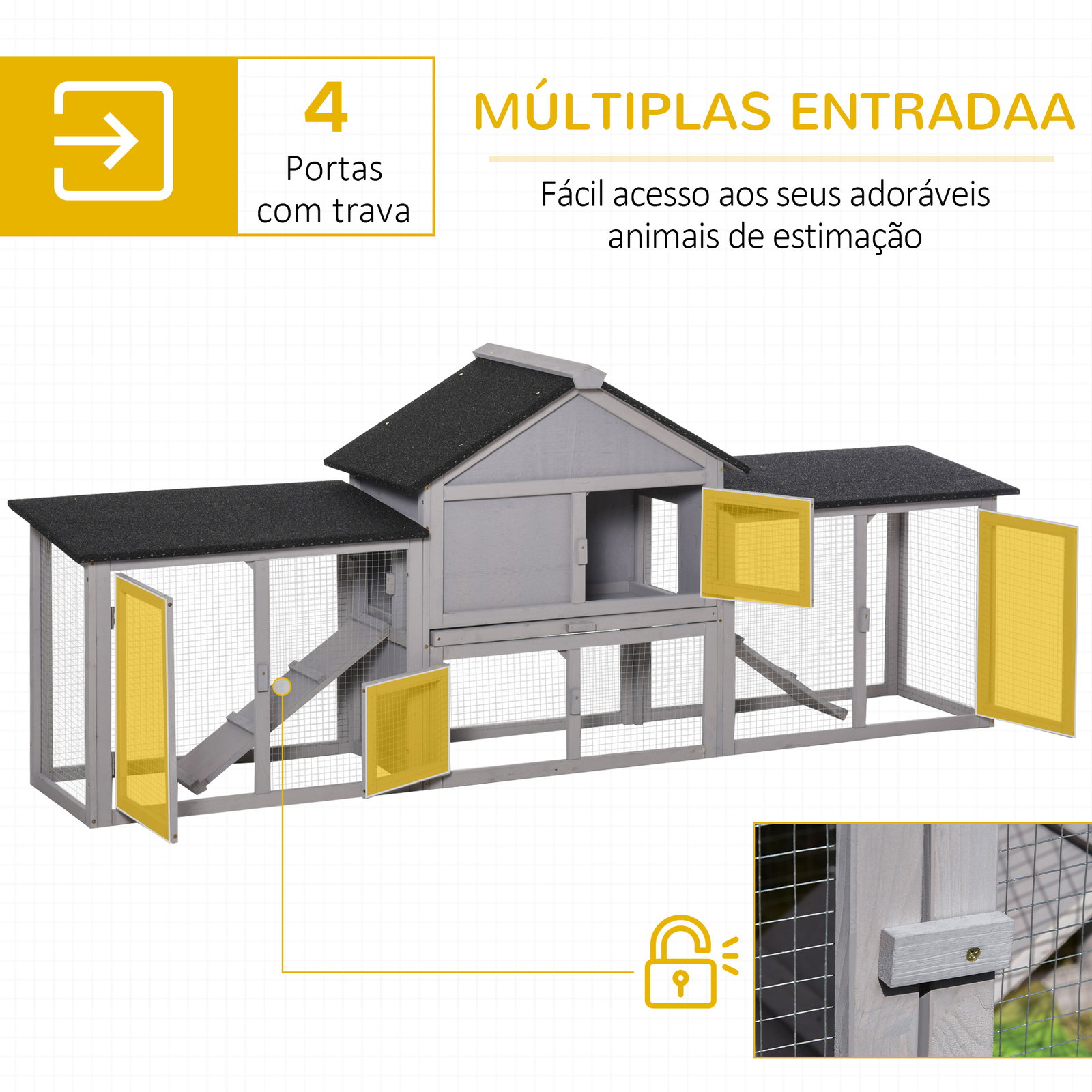 Coelheira de Exterior Grande Gaiola de Madeira para 2-4 Coelhos com Teto Asfáltico Recinto de Arame Bandeja Removível e Rampas 2