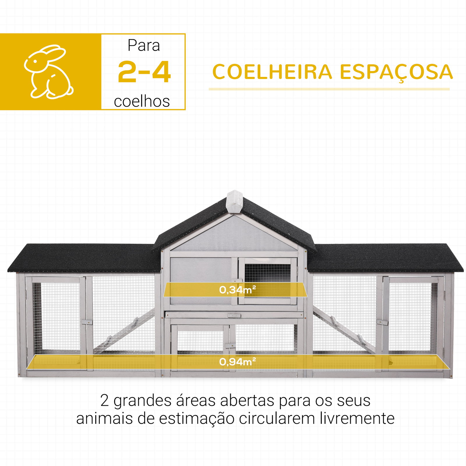 Coelheira de Exterior Grande Gaiola de Madeira para 2-4 Coelhos com Teto Asfáltico Recinto de Arame Bandeja Removível e Rampas 2