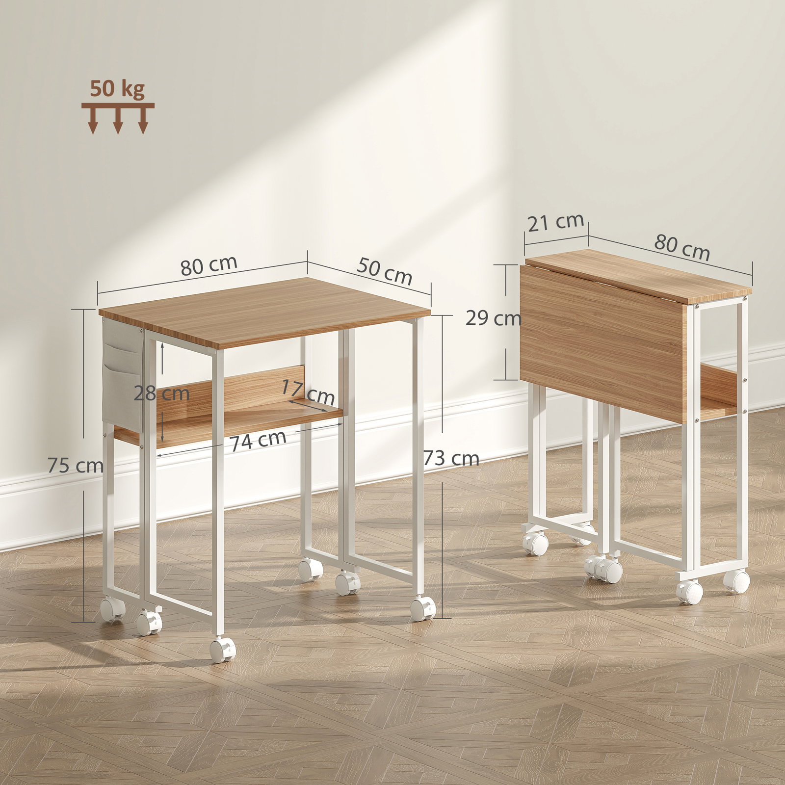 Secretária dobrável com rodas e prateleira mesa secretária compacta com bolsa de armazenamento 80x50x75 cm madeira e branco