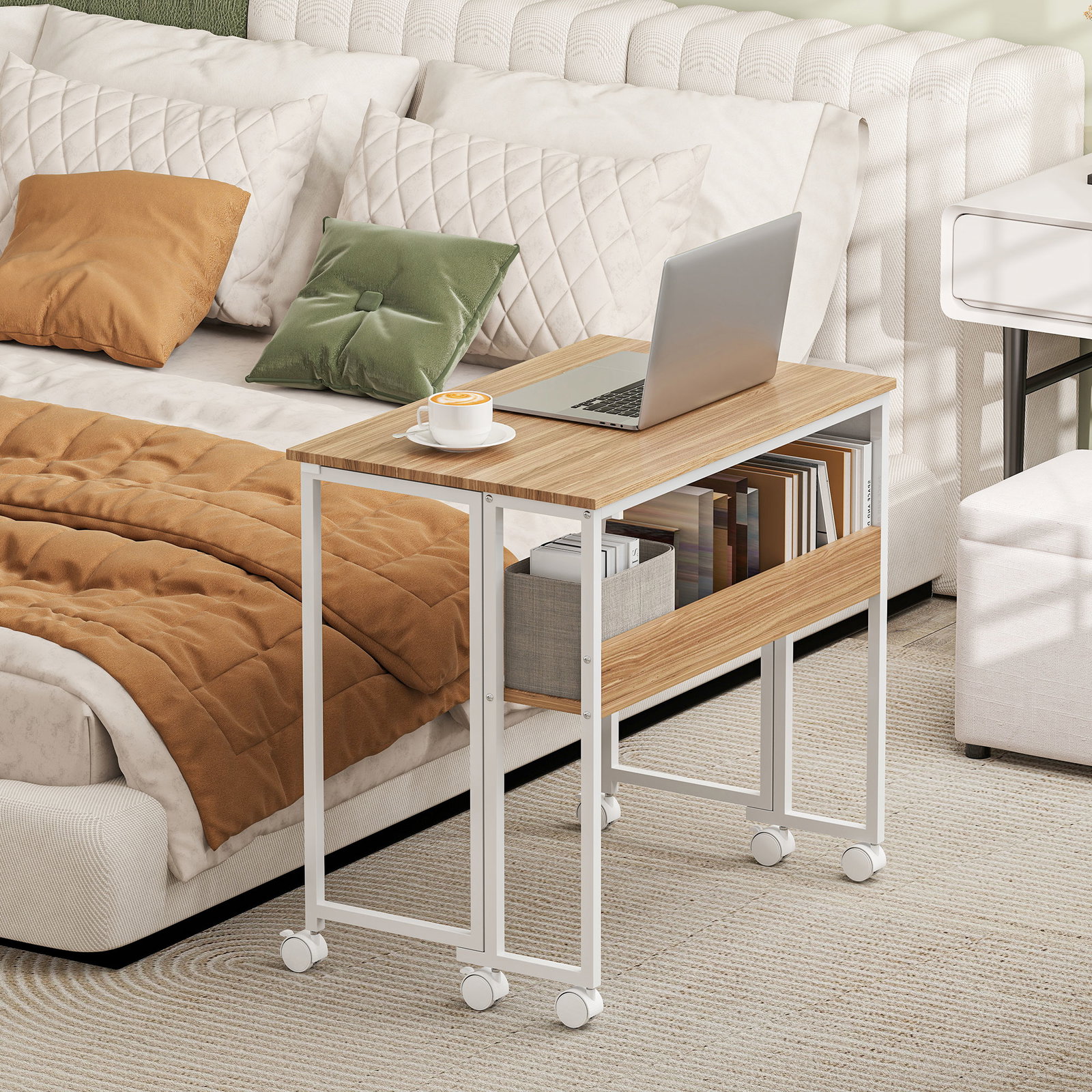 Secretária dobrável com rodas e prateleira mesa secretária compacta com bolsa de armazenamento 80x50x75 cm madeira e branco