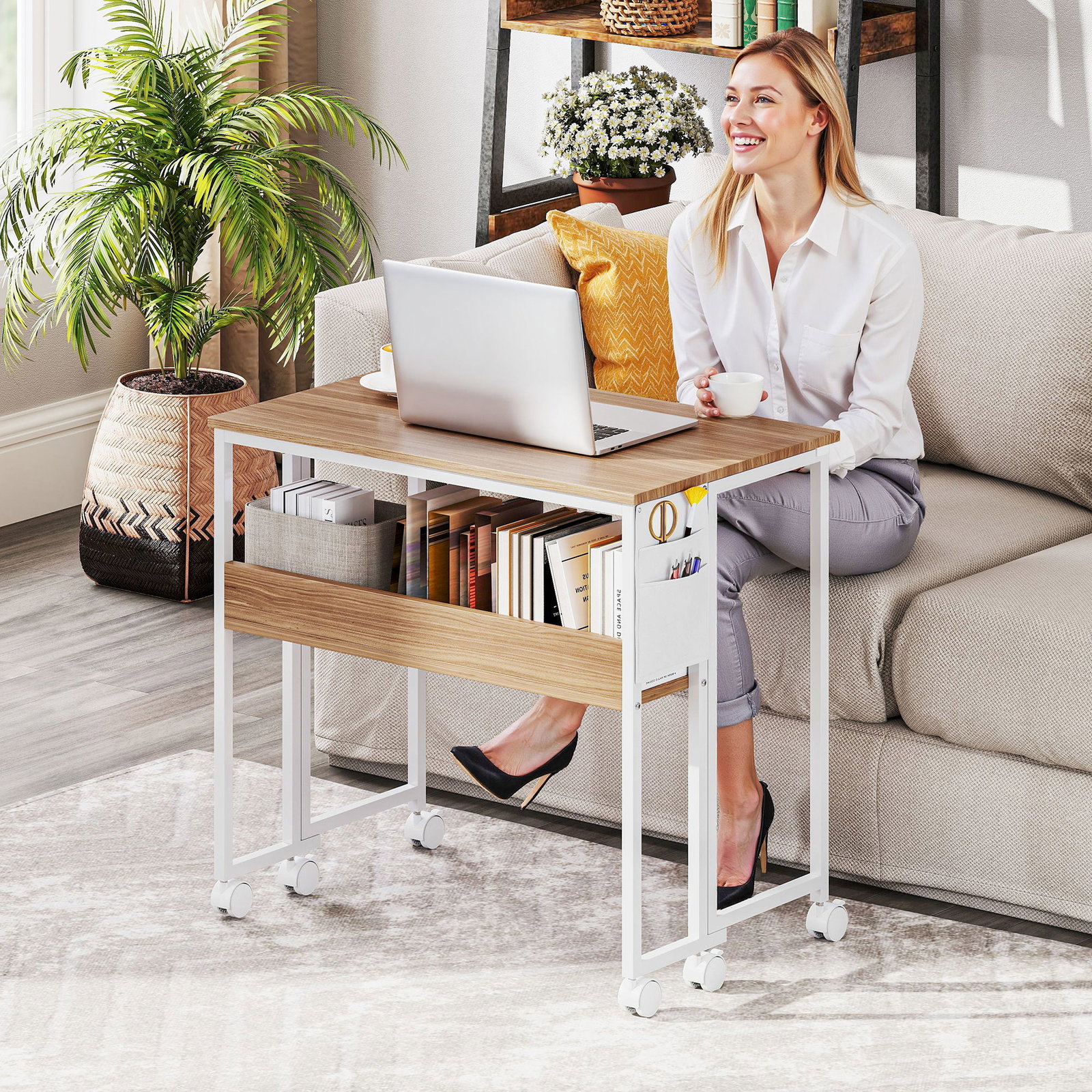 Secretária dobrável com rodas e prateleira mesa secretária compacta com bolsa de armazenamento 80x50x75 cm madeira e branco
