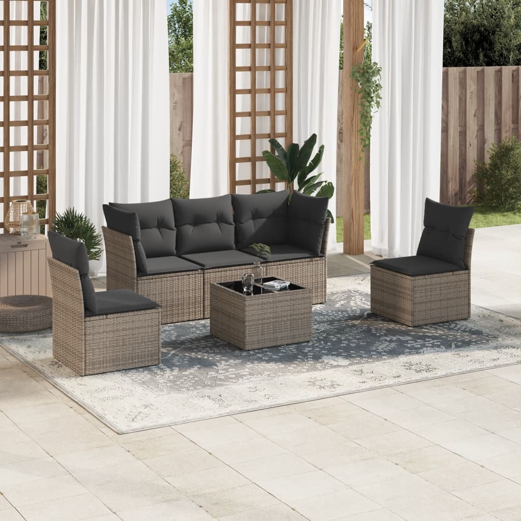 6 Pcs conjunto sofás de jardim com almofadões vime cinzento