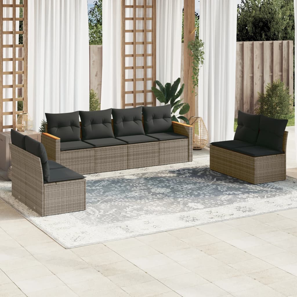8 Pcs conjunto sofás de jardim c/ almofadões vime PE cinzento
