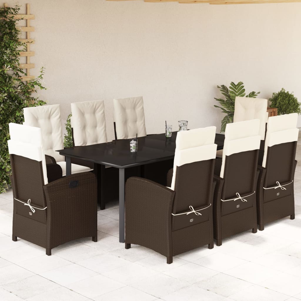 9 Pcs conjunto jantar p/ jardim c/ almofadões vime PE castanho