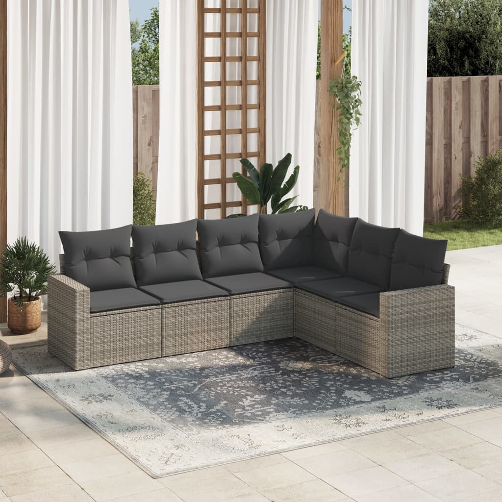 6 Pcs conjunto sofás de jardim com almofadões vime cinzento