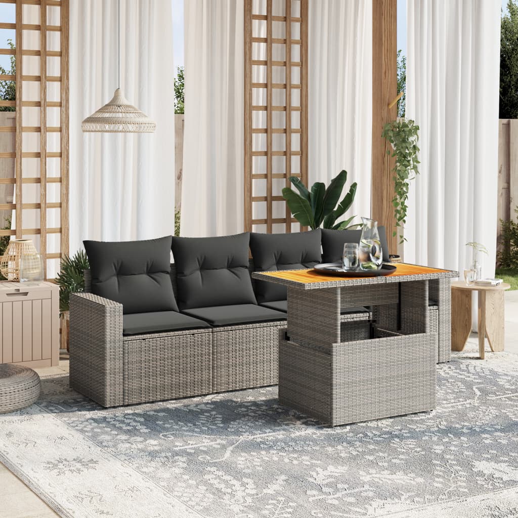 5 Pcs conjunto sofás de jardim c/ almofadões vime PE cinzento