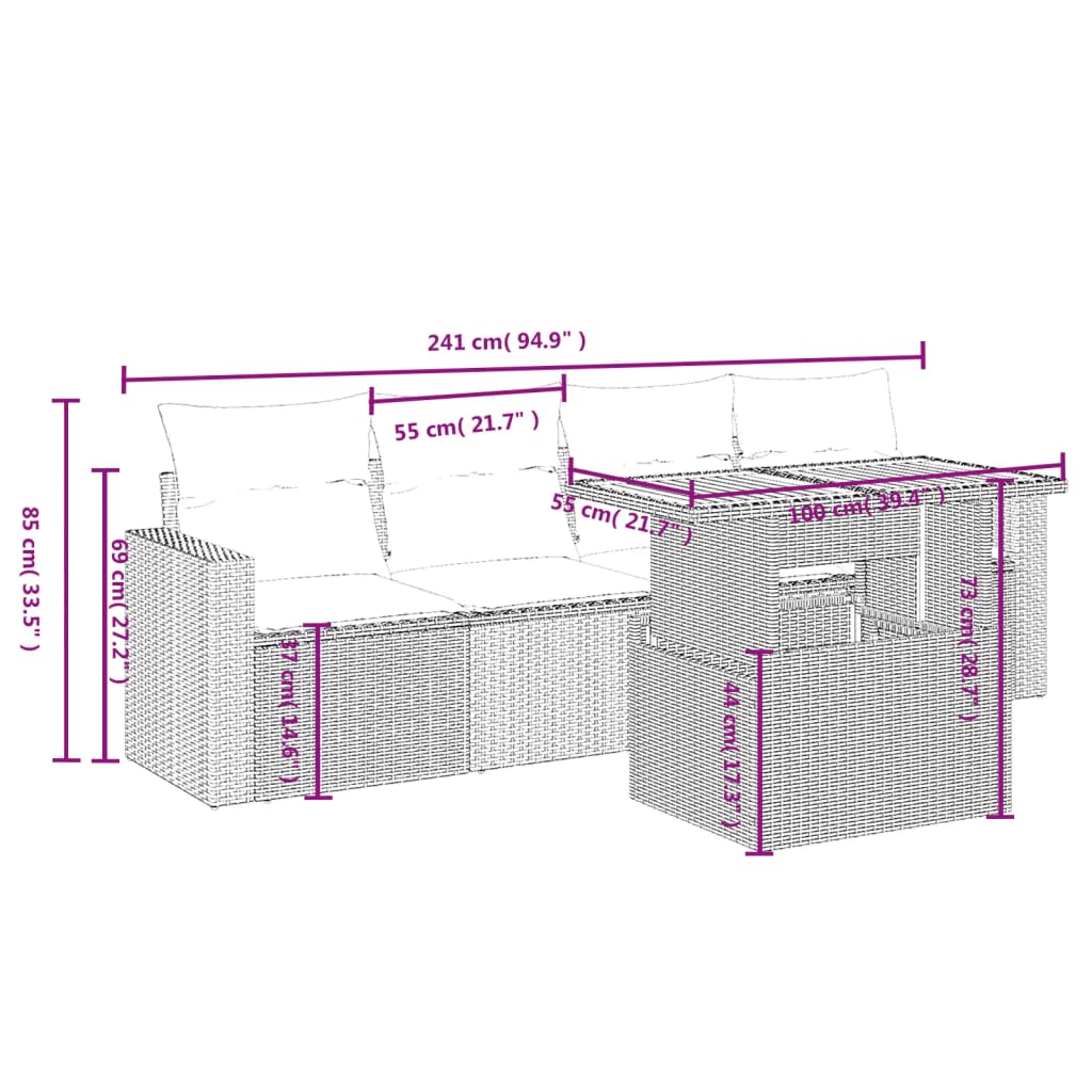 5 Pcs conjunto sofás de jardim c/ almofadões vime PE cinzento