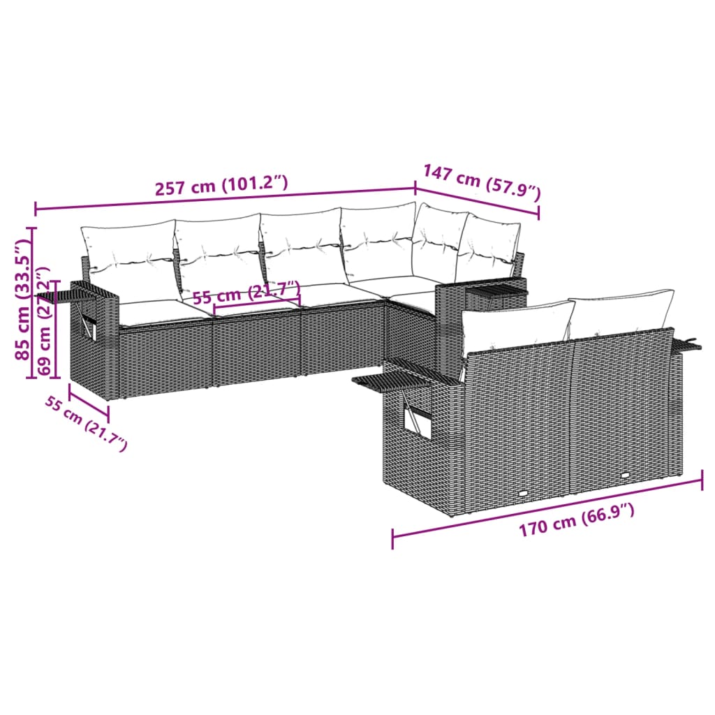 7 Pcs conjunto de sofás p/ jardim com almofadões vime PE bege