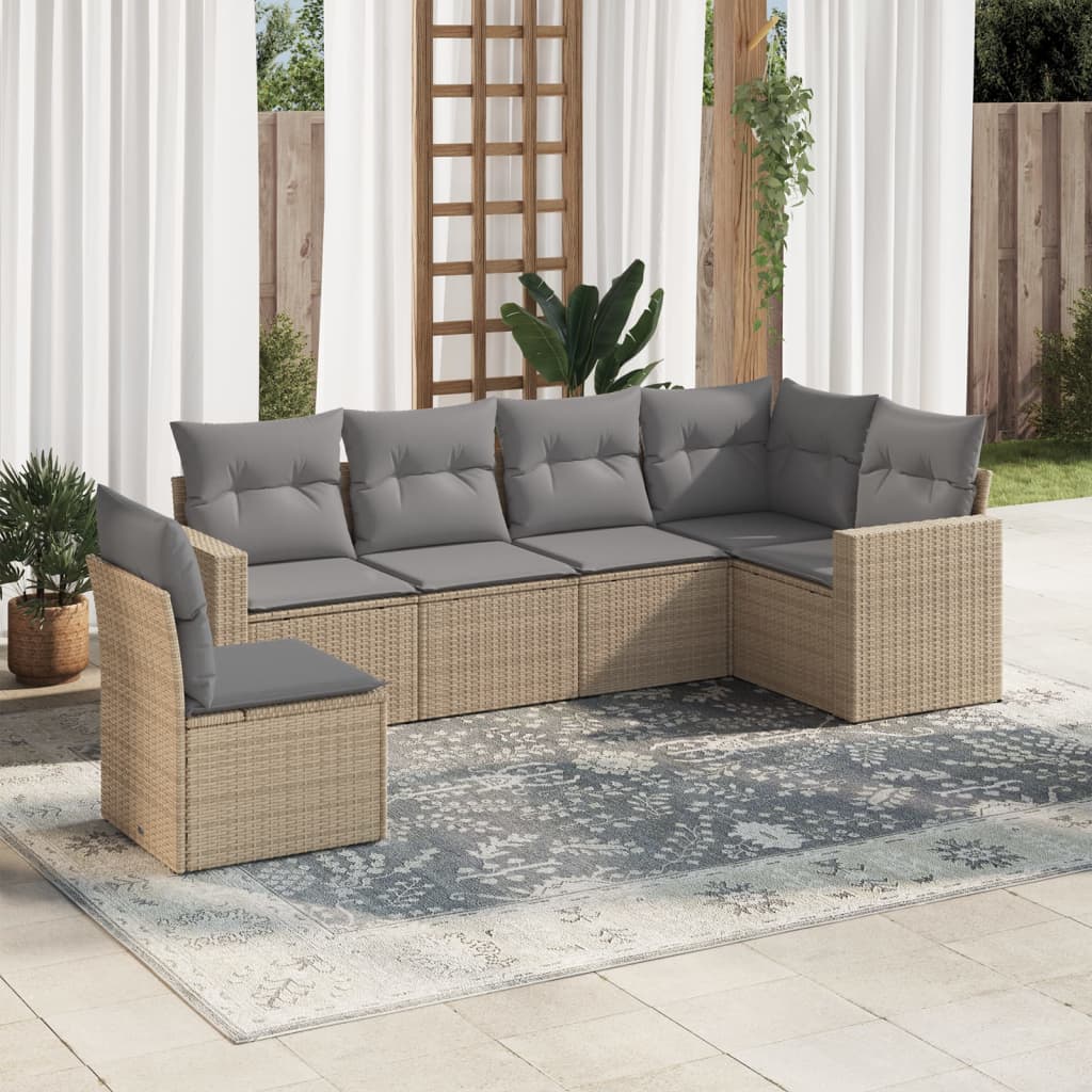 6 Pcs conjunto de sofás p/ jardim com almofadões vime PE bege