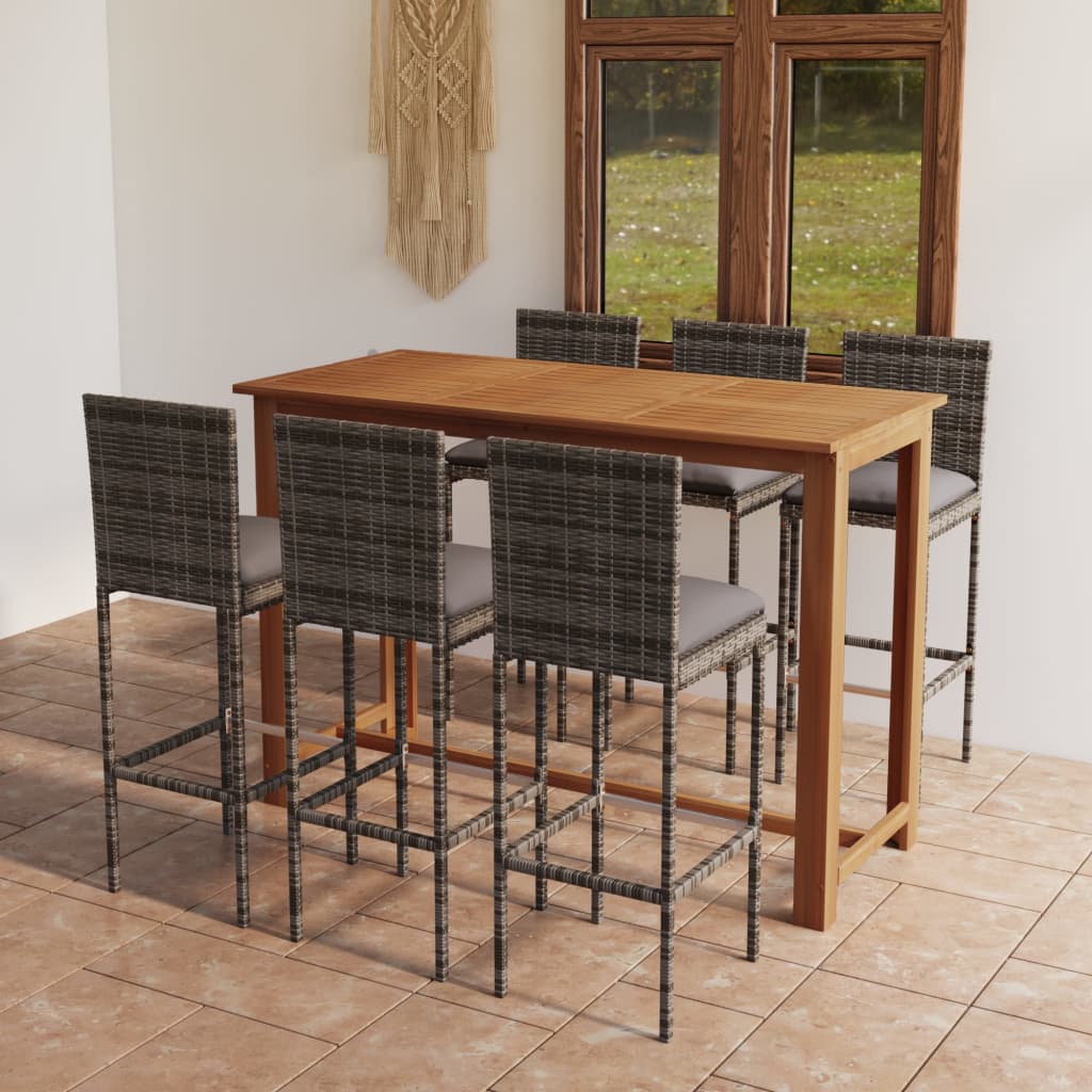 7 Pcs conjunto de bar para jardim com almofadões cinzento