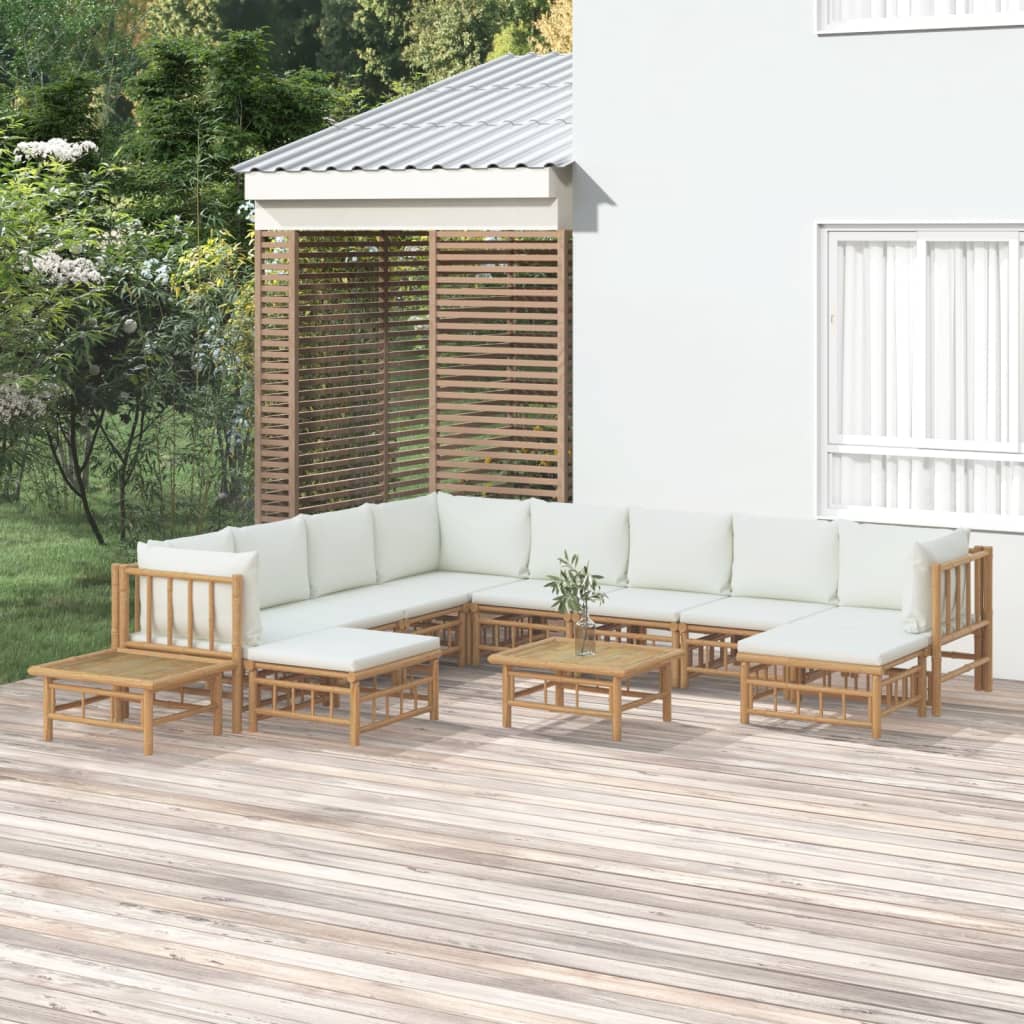12Pcs conjunto lounge de jardim bambu c/ almofadões branco nata