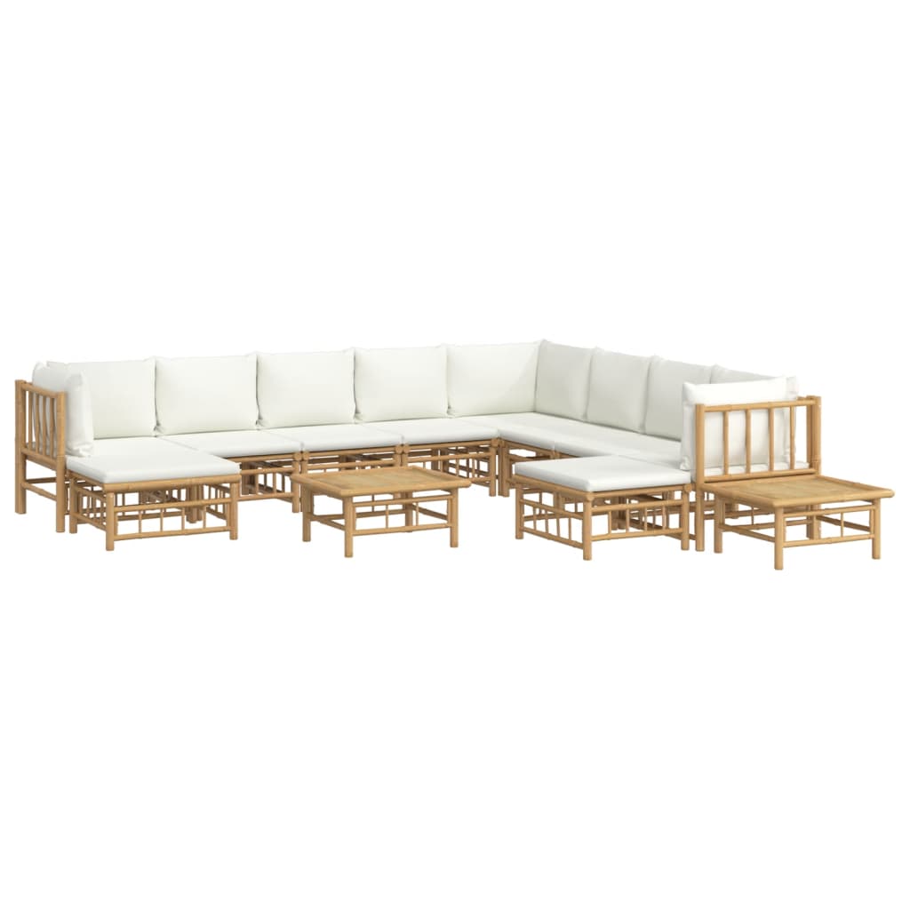 12Pcs conjunto lounge de jardim bambu c/ almofadões branco nata