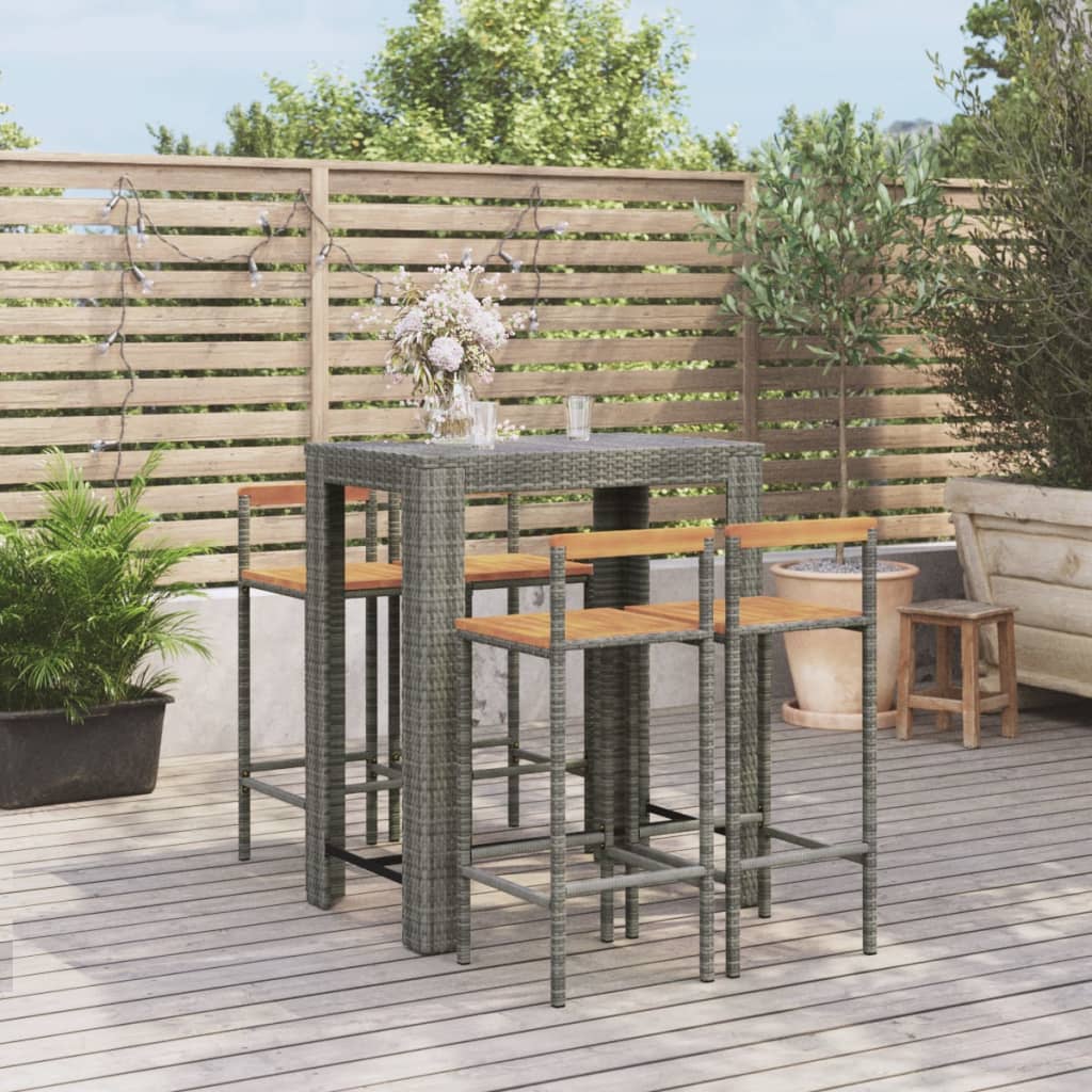5 Pcs conjunto de bar p/ jardim vime PE/acácia maciça cinzento