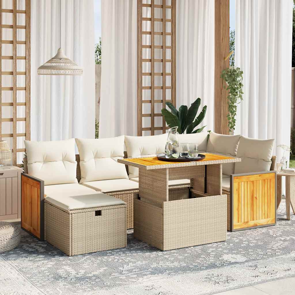 7 Pcs conjunto de sofás p/ jardim com almofadões vime PE bege