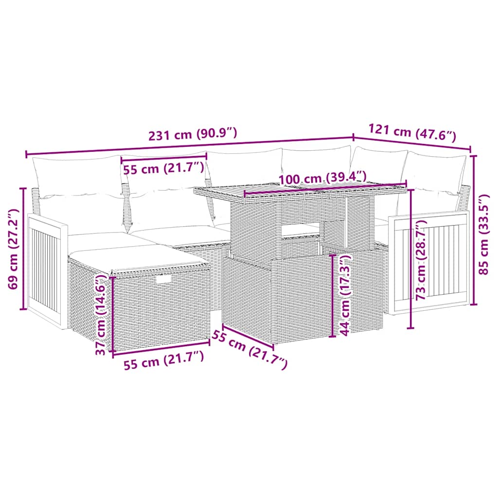 7 Pcs conjunto de sofás p/ jardim com almofadões vime PE bege