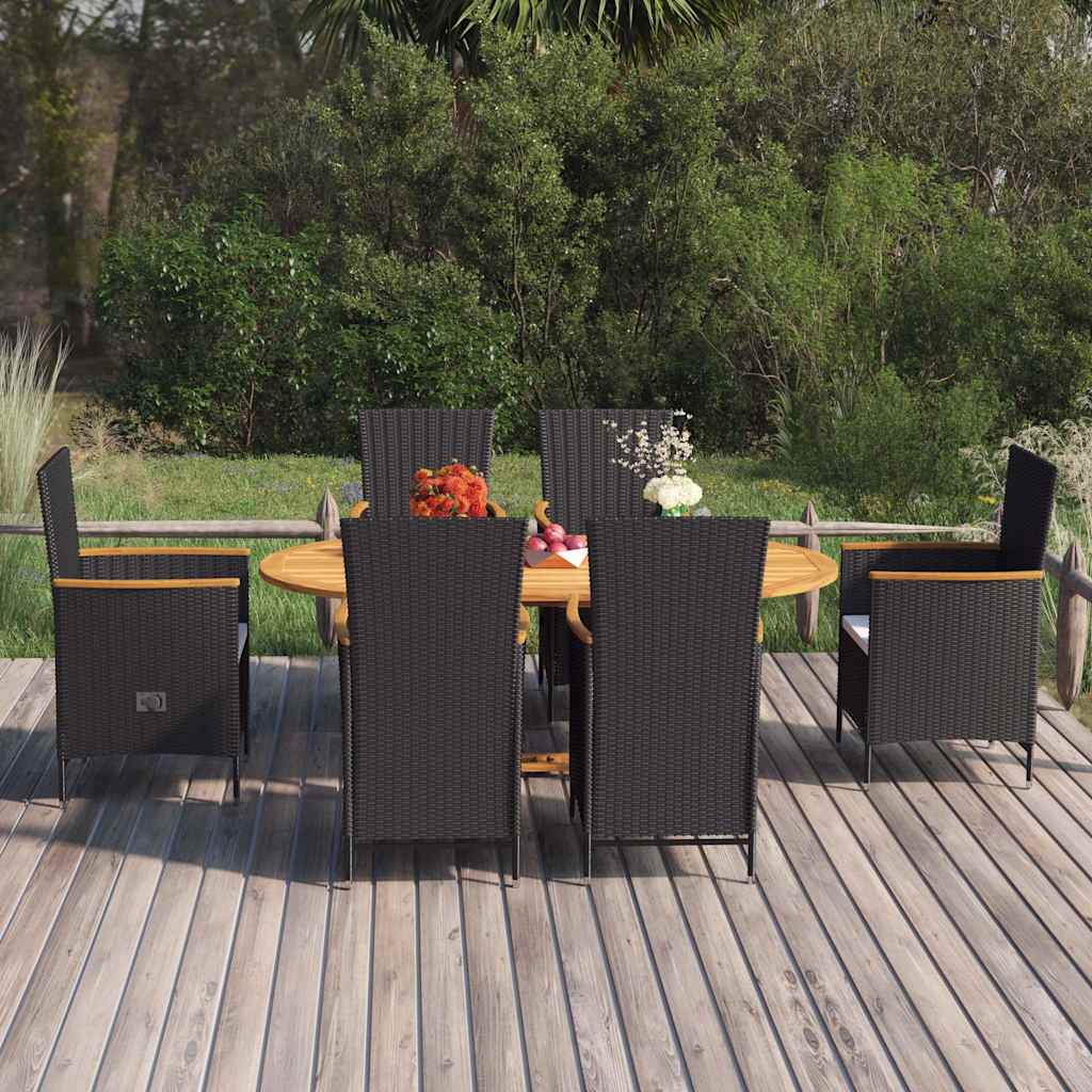 7 Pcs conjunto de jantar para jardim vime PE preto