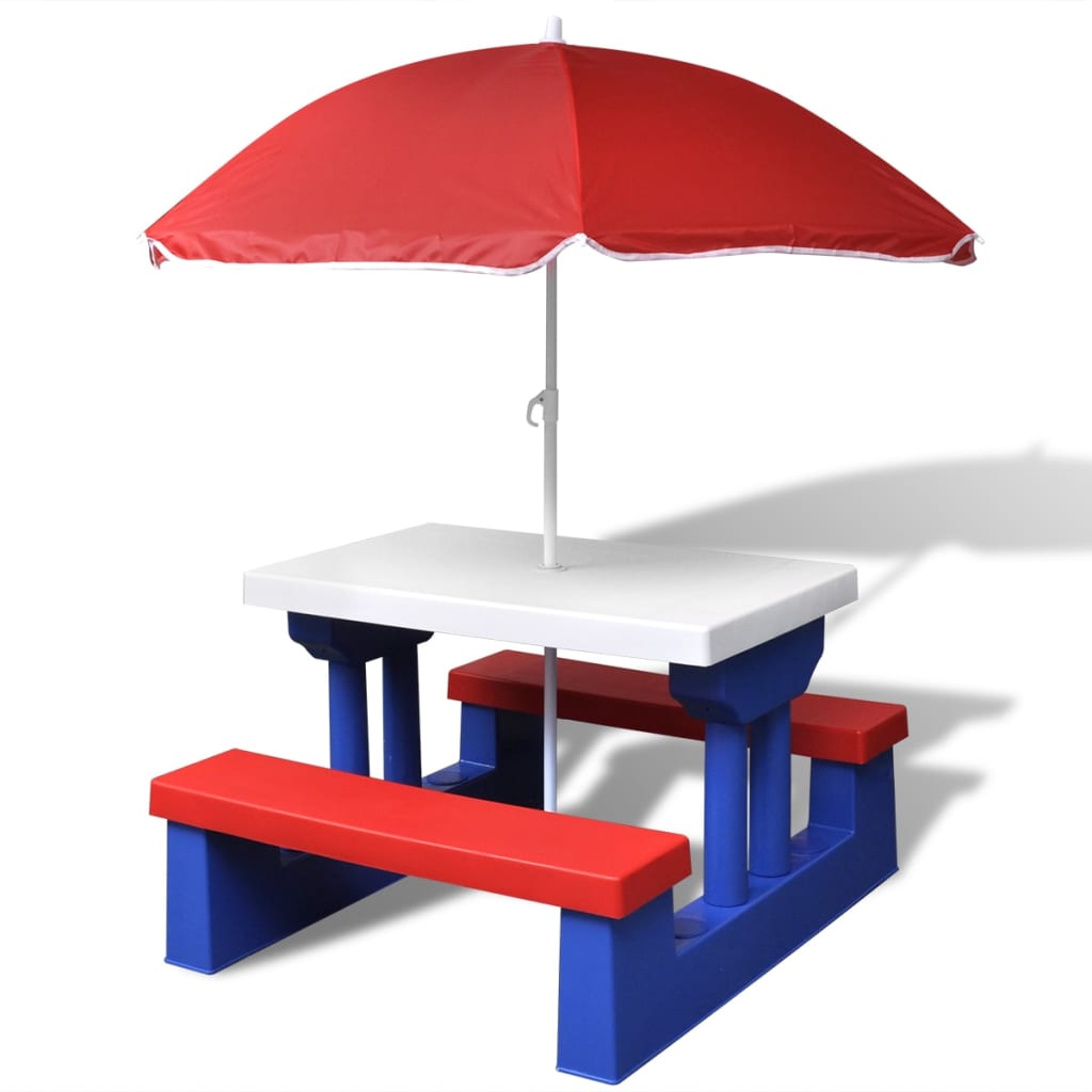 Mesa piquenique infantil + bancos/guarda-sol multicor