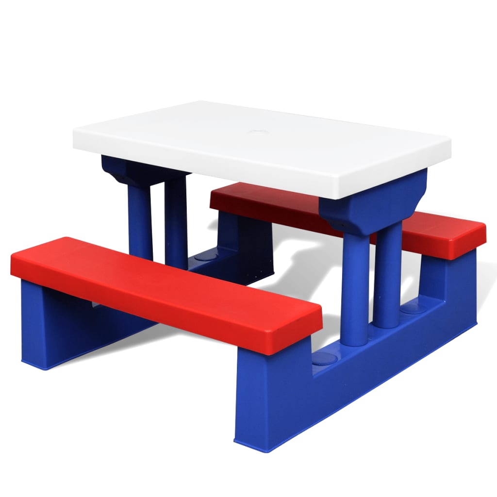 Mesa piquenique infantil + bancos/guarda-sol multicor