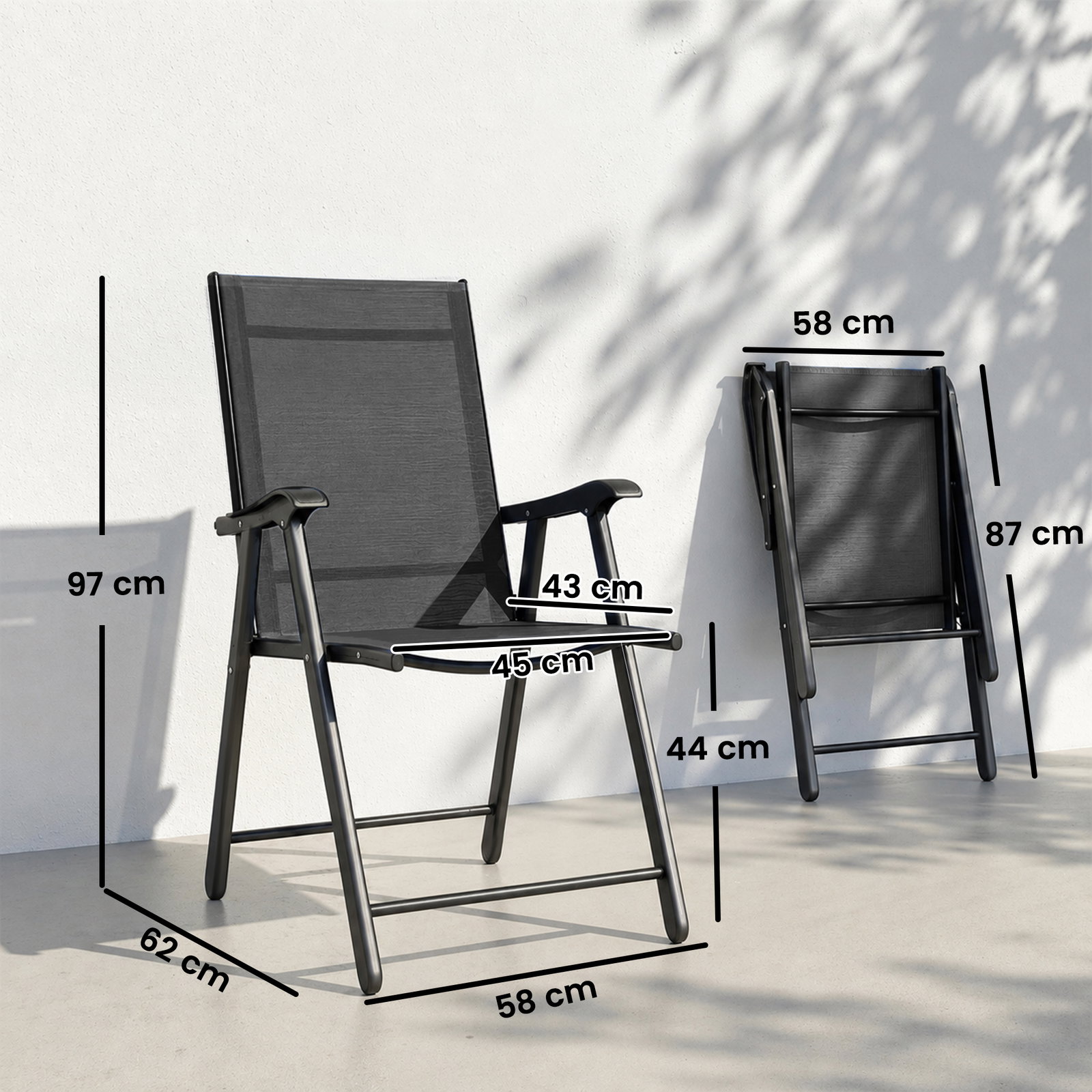Conjunto de 4 cadeiras de jardim para exterior dobráveis com encosto alto e apoios de braços para terraço e praia 58x62x97 cm preto