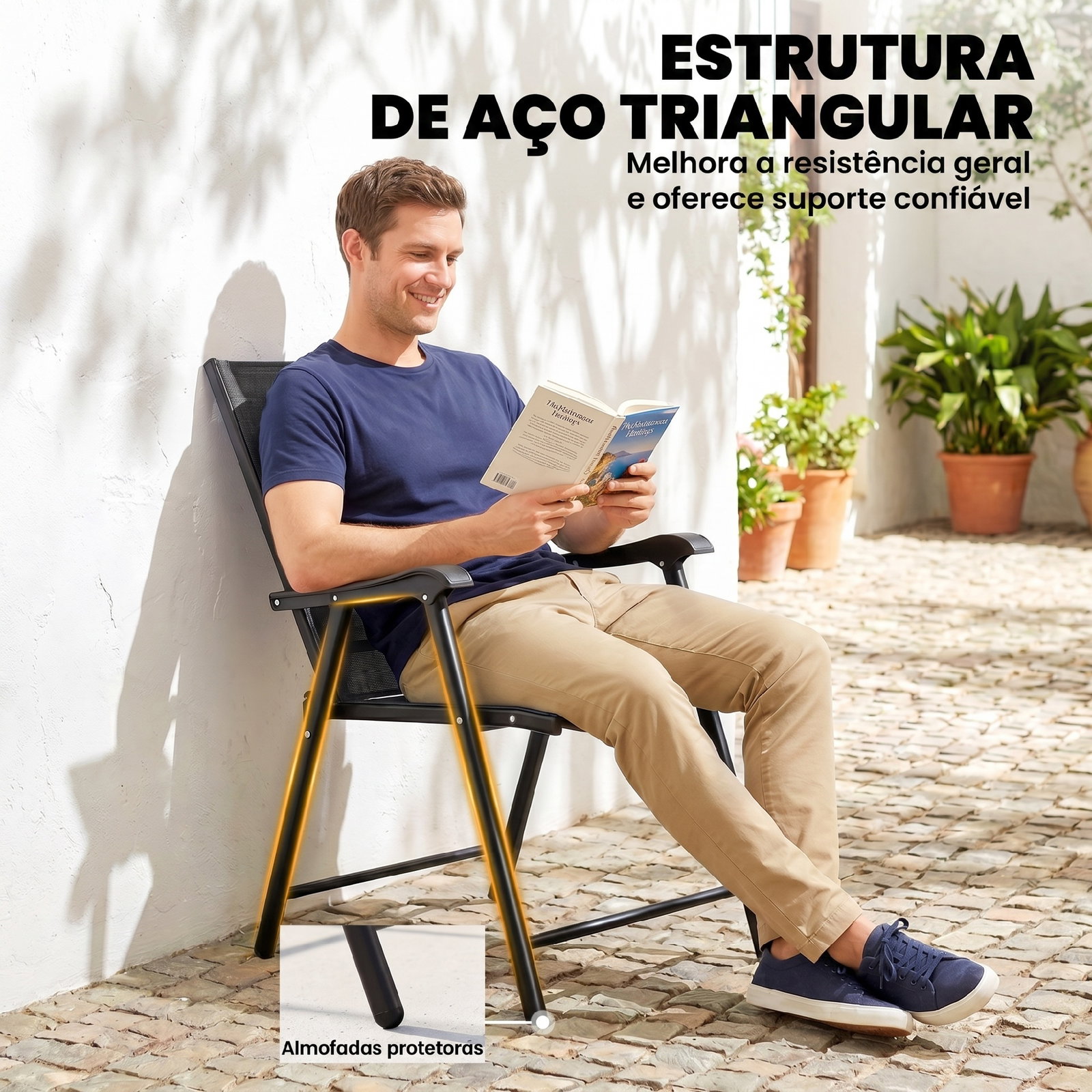 Conjunto de 4 cadeiras de jardim para exterior dobráveis com encosto alto e apoios de braços para terraço e praia 58x62x97 cm preto