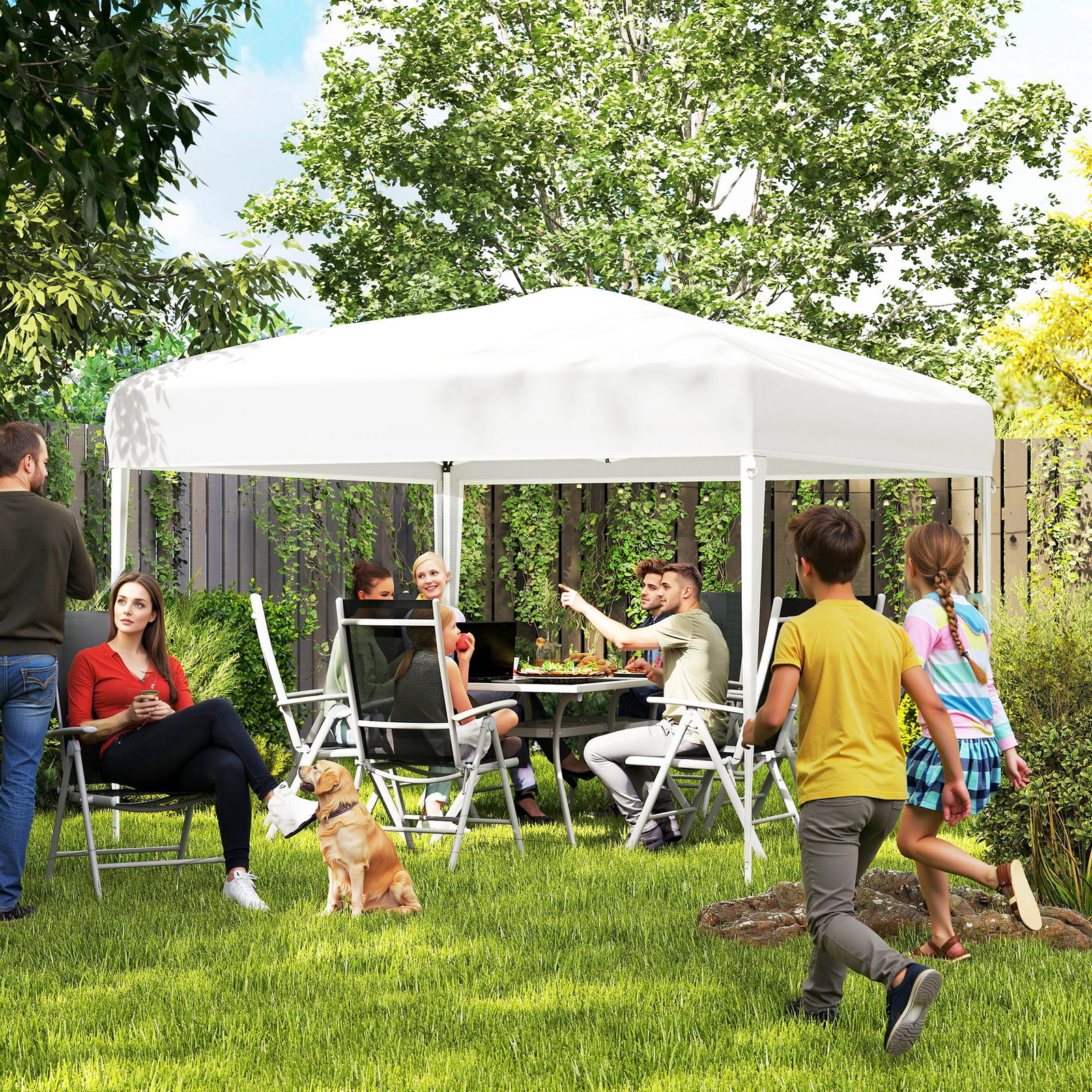 Tenda dobrável 2,95x2,95 cm com bolsa de transporte altura ajustável anti-UV e impermeável para terraço pátio branco prateado