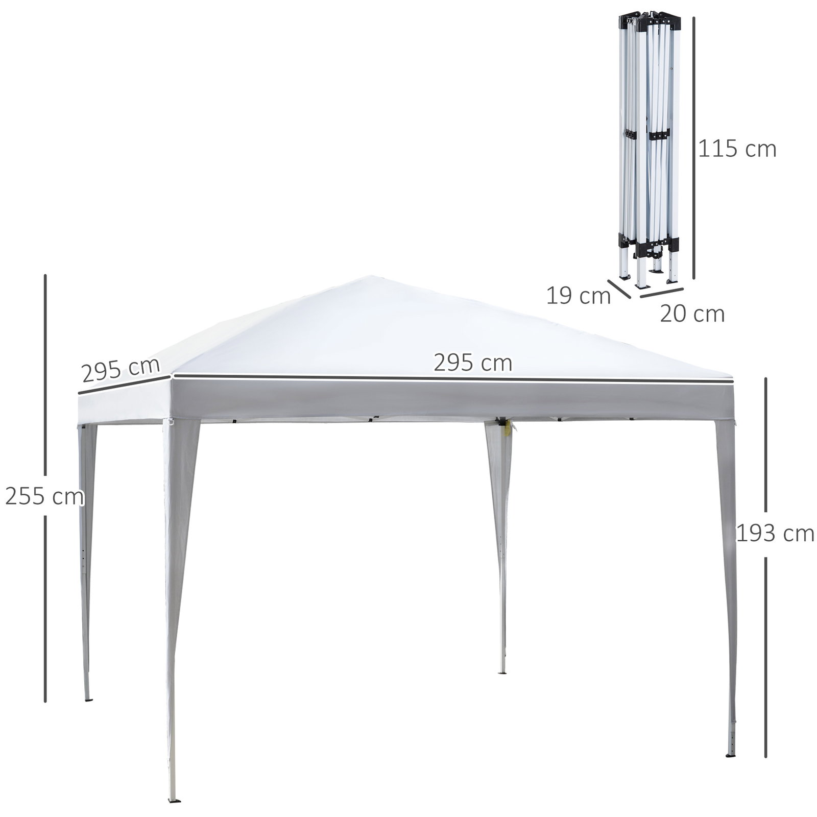 Tenda dobrável 2,95x2,95 cm com bolsa de transporte altura ajustável anti-UV e impermeável para terraço pátio branco prateado
