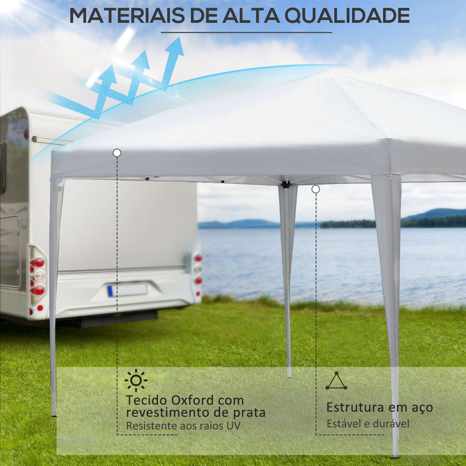 Tenda dobrável 2,95x2,95 cm com bolsa de transporte altura ajustável anti-UV e impermeável para terraço pátio branco prateado