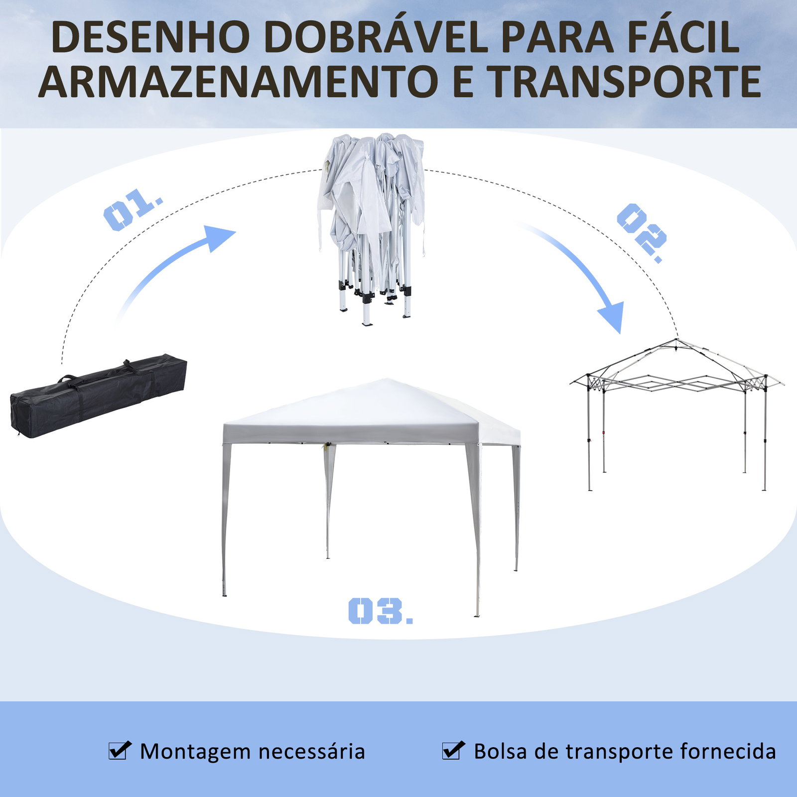 Tenda dobrável 2,95x2,95 cm com bolsa de transporte altura ajustável anti-UV e impermeável para terraço pátio branco prateado