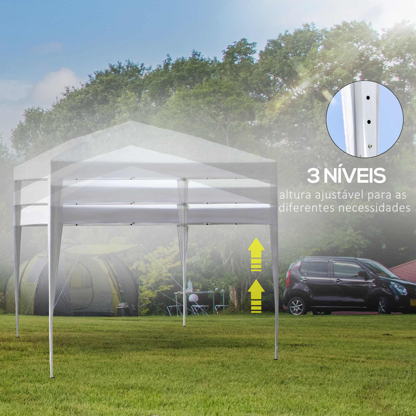 Tenda dobrável 2,95x2,95 cm com bolsa de transporte altura ajustável anti-UV e impermeável para terraço pátio branco prateado