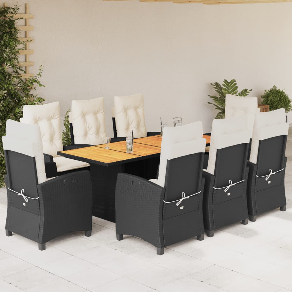 9 Pcs conjunto de jantar p/ jardim c/ almofadões vime PE preto