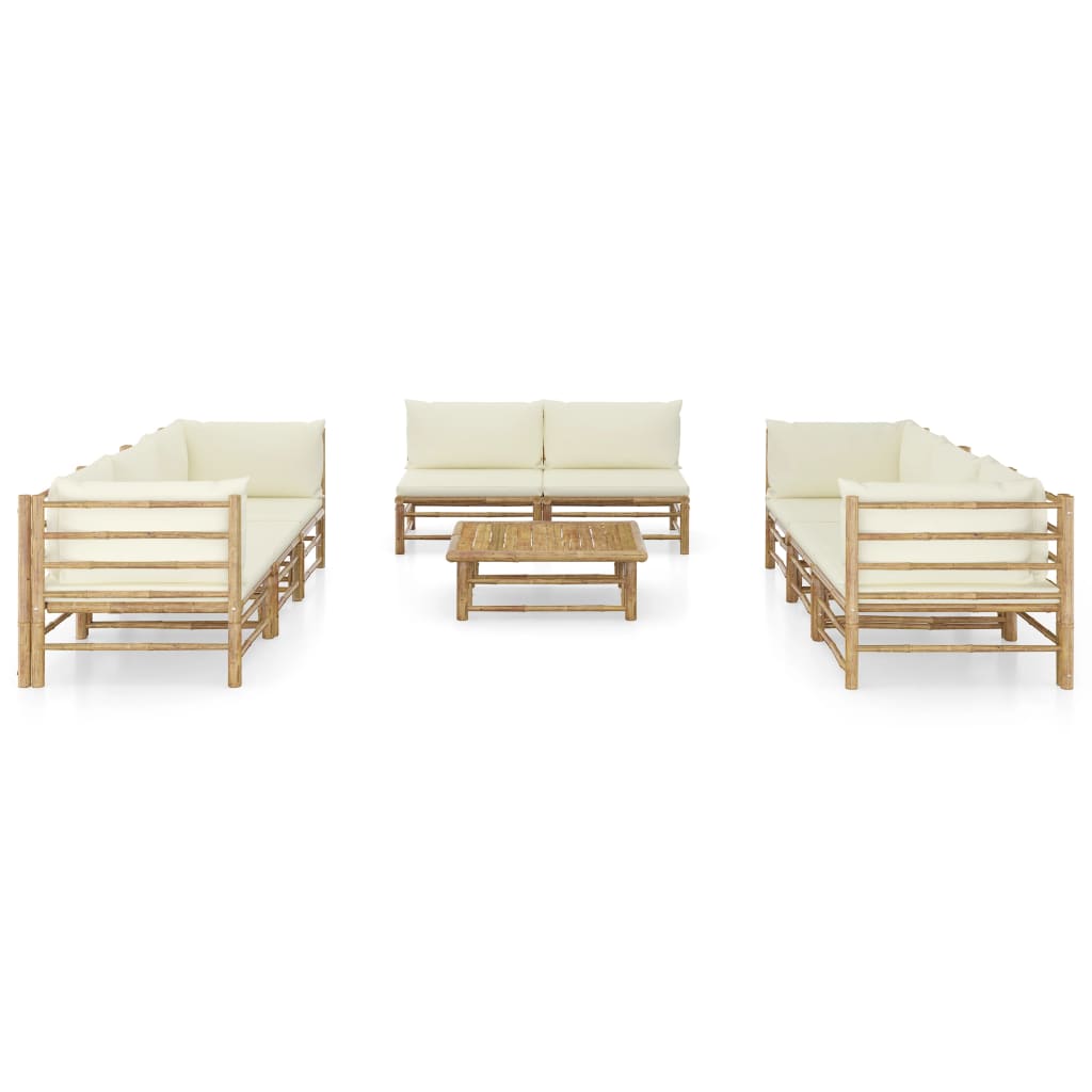 9 Pcs conj. lounge p/ jardim em bambu c/ almofadões branco nata