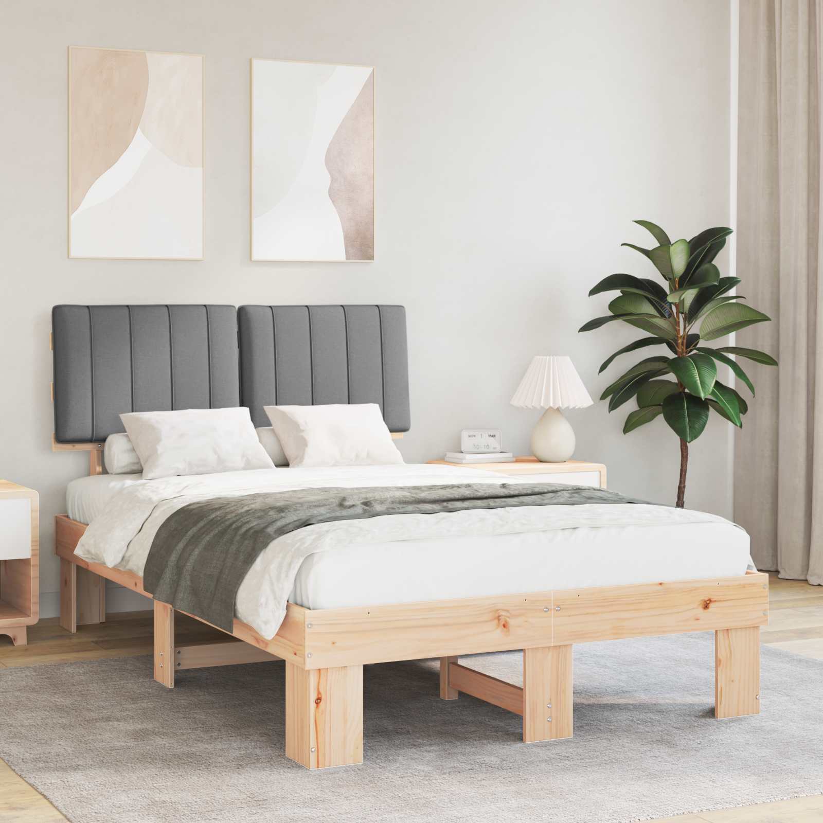 Estrutura de cama com cabeceira estofada cinzento-claro