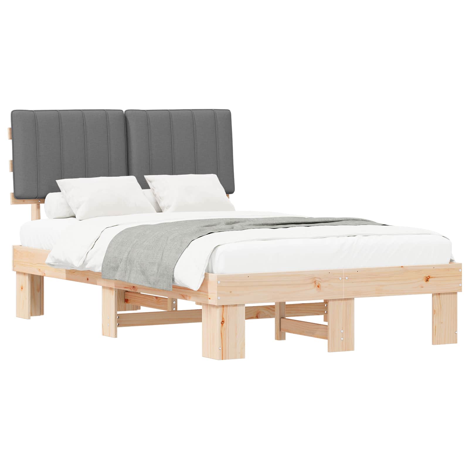 Estrutura de cama com cabeceira estofada cinzento-claro