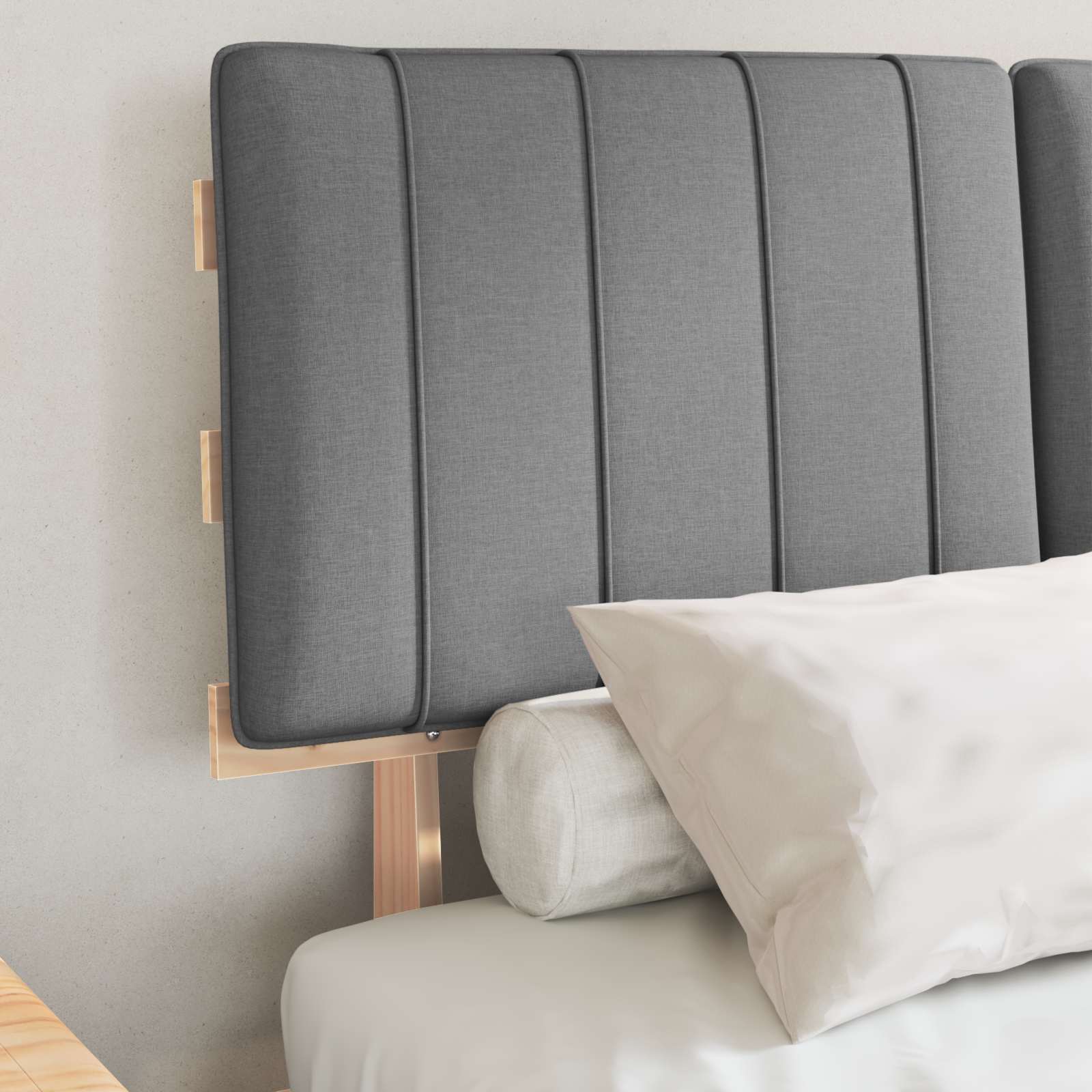 Estrutura de cama com cabeceira estofada cinzento-claro