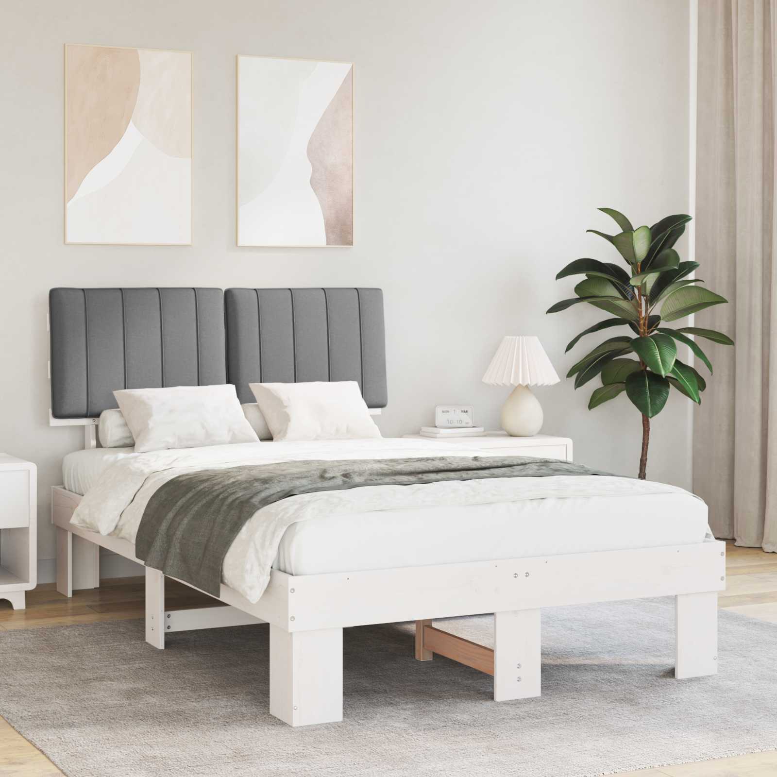 Estrutura de cama com cabeceira estofada cinzento-claro