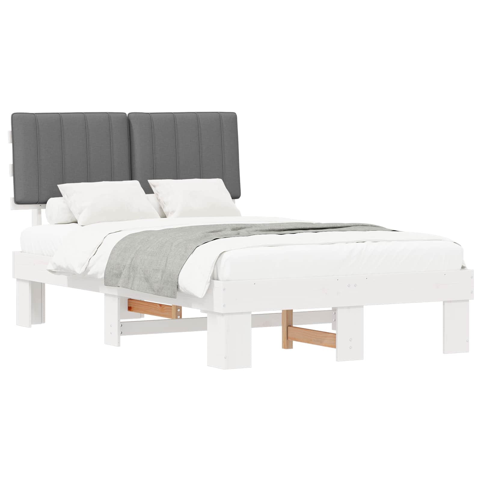 Estrutura de cama com cabeceira estofada cinzento-claro
