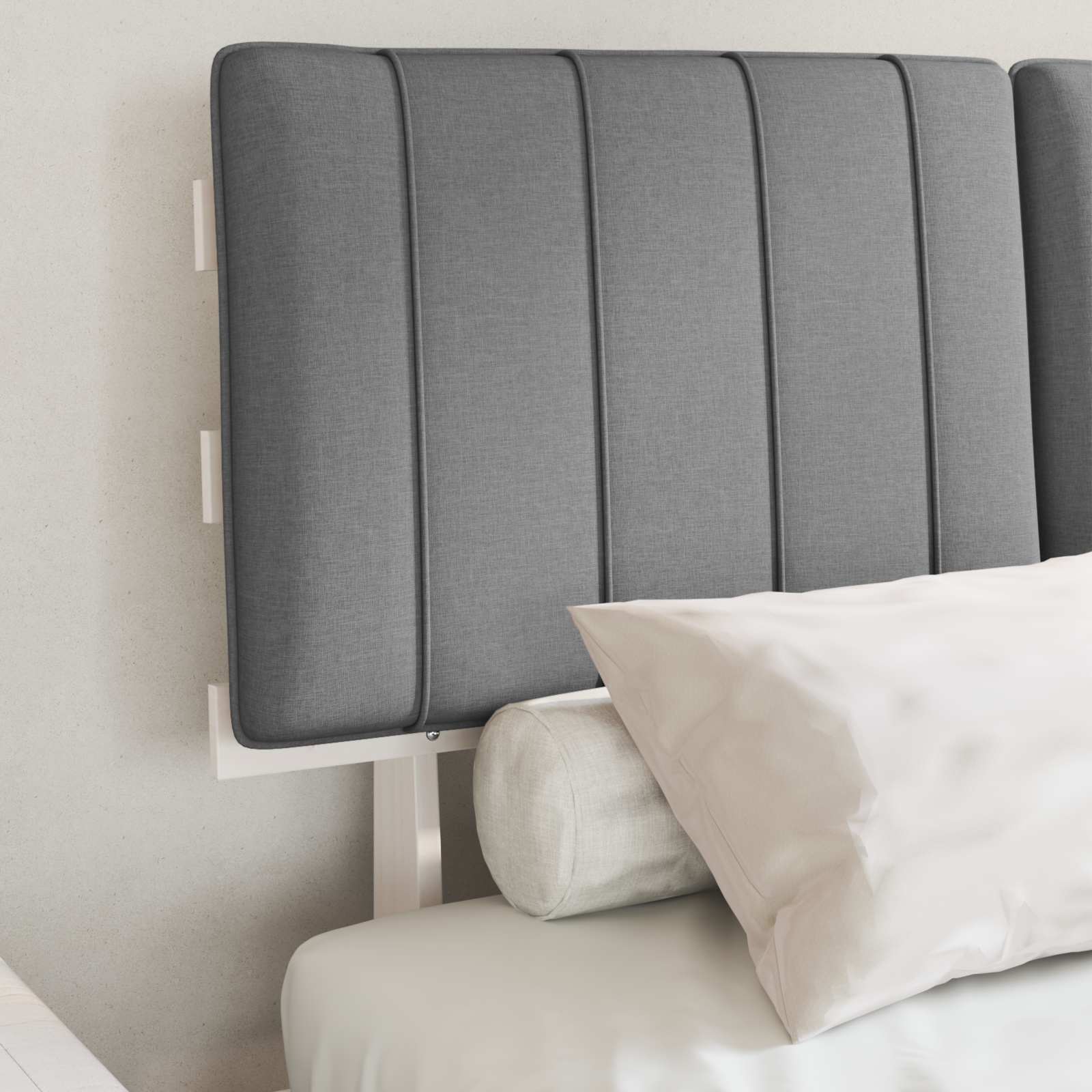 Estrutura de cama com cabeceira estofada cinzento-claro