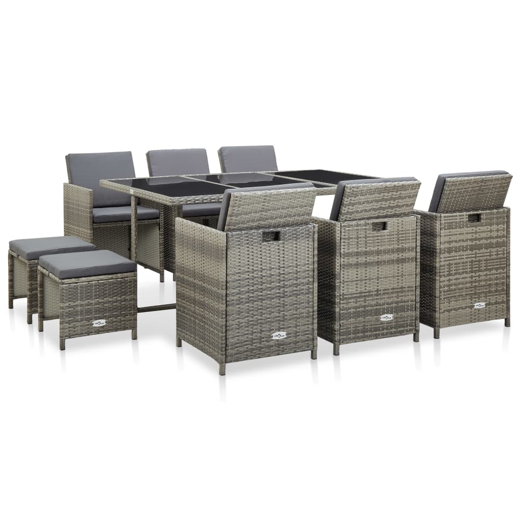 11 Pcs conjunto jantar exterior c/ almofadões vime PE cinzento