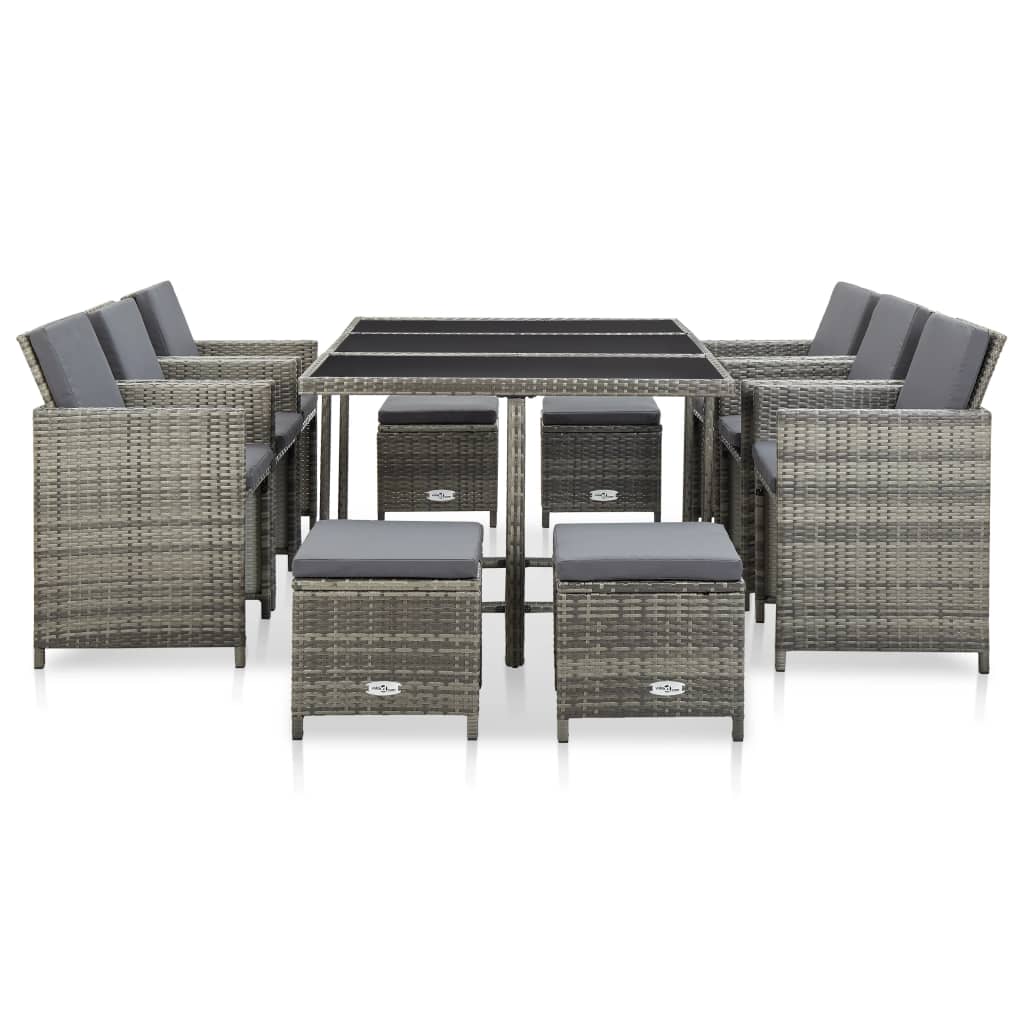 11 Pcs conjunto jantar exterior c/ almofadões vime PE cinzento