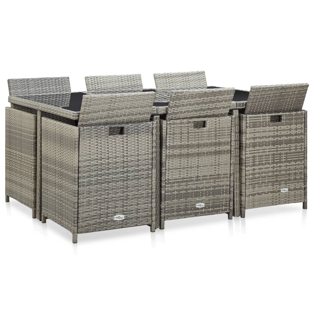 11 Pcs conjunto jantar exterior c/ almofadões vime PE cinzento