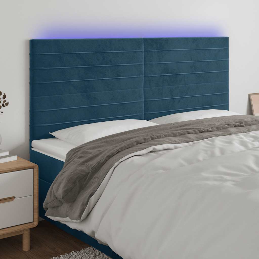 Cabeceira cama c/ luzes LED veludo 180x5x118/128cm azul-escuro