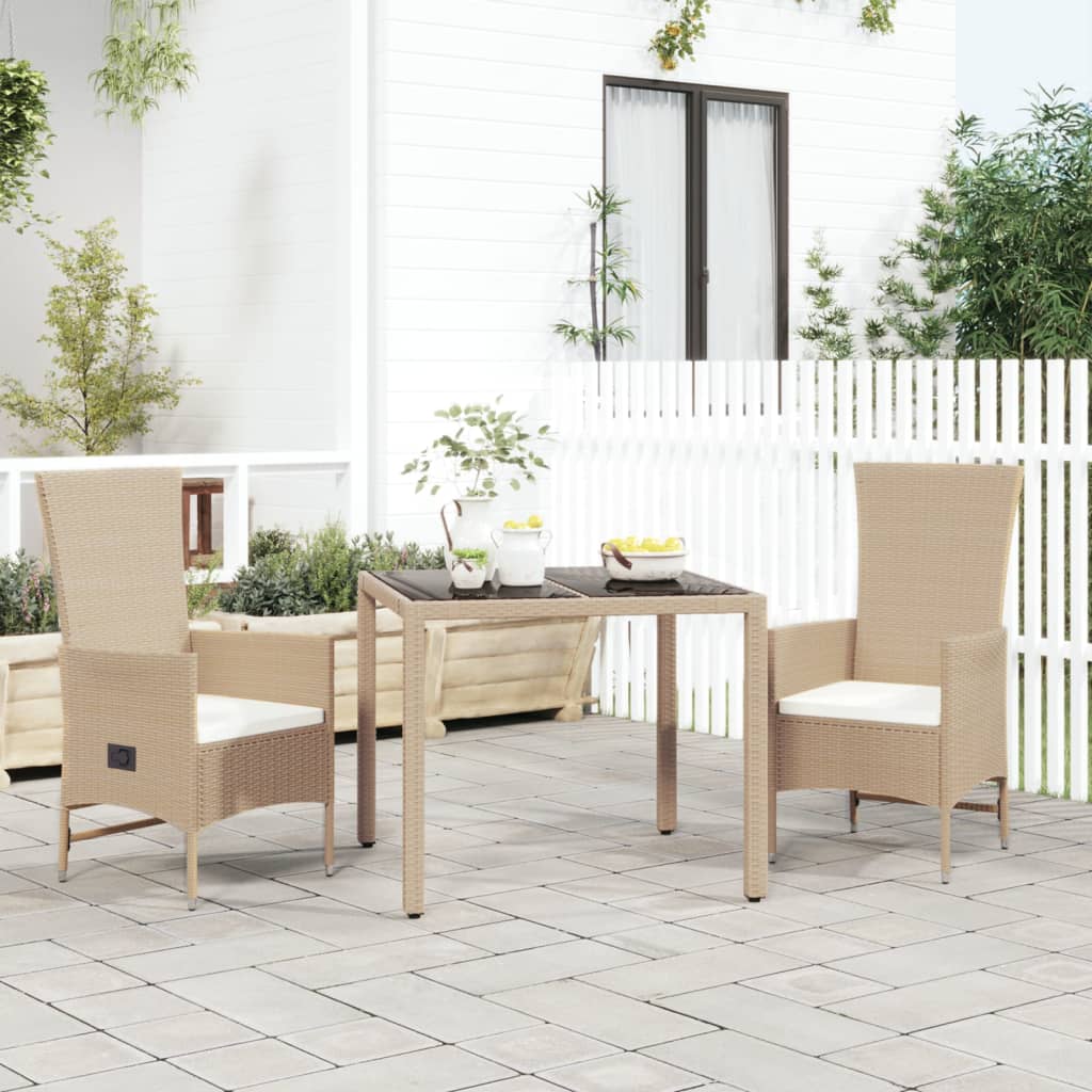 3 Pcs conjunto de jantar p/ jardim com almofadões vime PE bege
