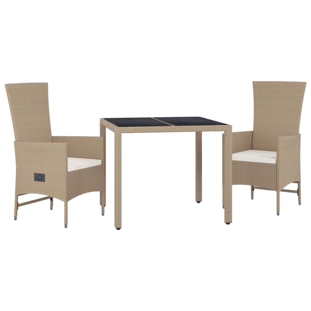 3 Pcs conjunto de jantar p/ jardim com almofadões vime PE bege