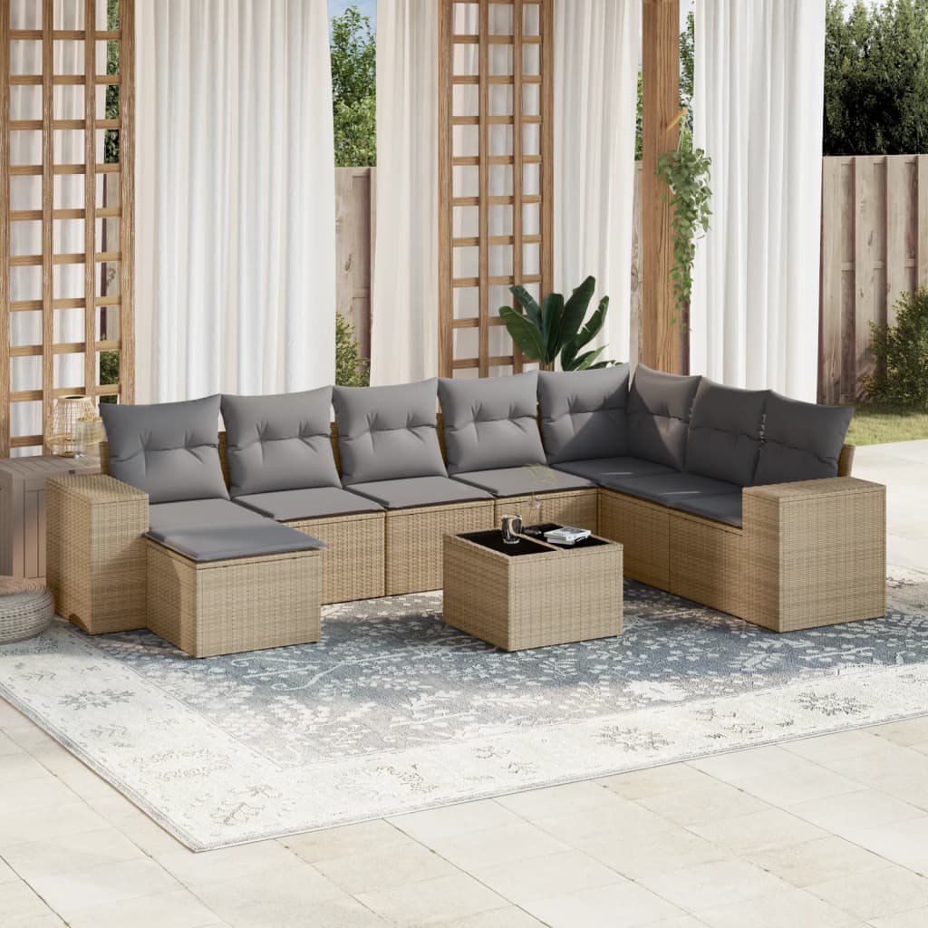 9 Pcs conjunto de sofás p/ jardim com almofadões vime PE bege