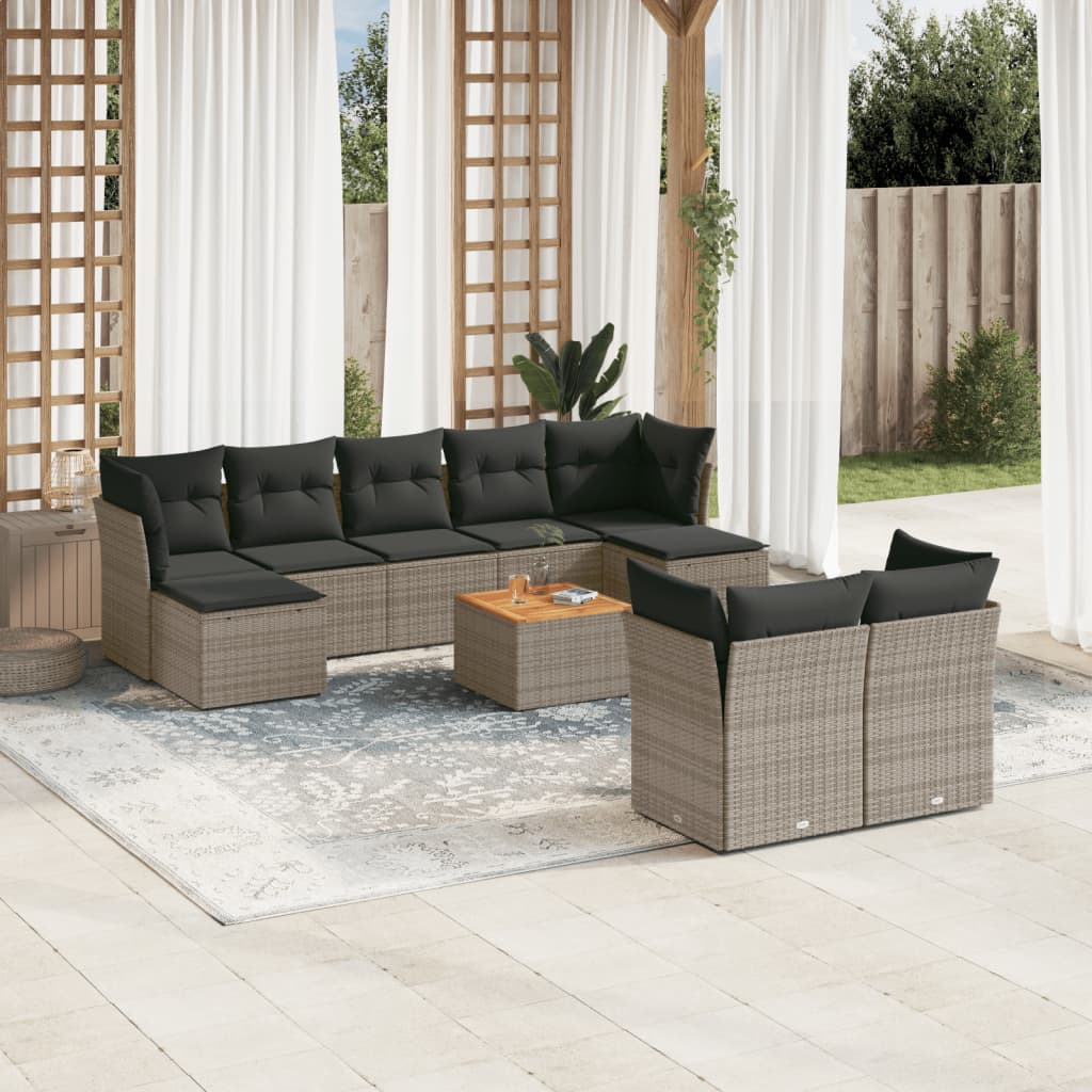 10 Pcs conjunto sofás de jardim c/ almofadões vime PE cinzento